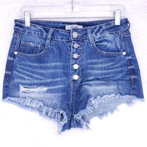 Refuge Destroyed Button Fly Raw Hem Jean Shorts Women Size 6 High Rise Pants